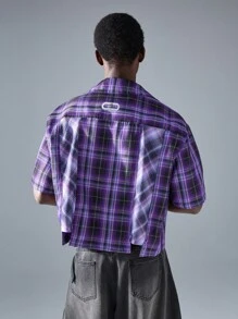 NEON BLANC 男士街头风格编织紫色和黑色格子短袖衬衫，学校，街头风格 - 紫色 - 查看 2