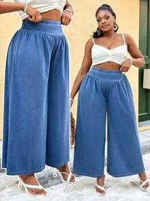 SHEIN MOD CURVE Women Plus Size Dark Blue Relaxed Fit Denim Pants,Summer Casual Vacation High Stretch Tummy Control Jeans,Spring Cottagecore Old Money Style Trousers - Blue - View 6