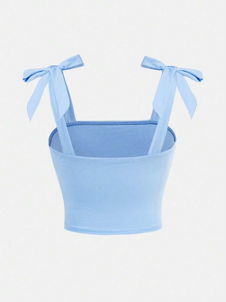 SHEIN Tween Girl Elegant Solid Fitted Sweet Bow-Knot Tie Shoulder Side Ruched Cami Tank Top - Baby Blue - View 2