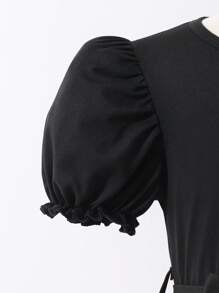 SHEIN Tween Girls' Bow Decor Round Neck Short Puff Sleeve Cute Dress, Filipiniana Terno - Multicolor - View 3