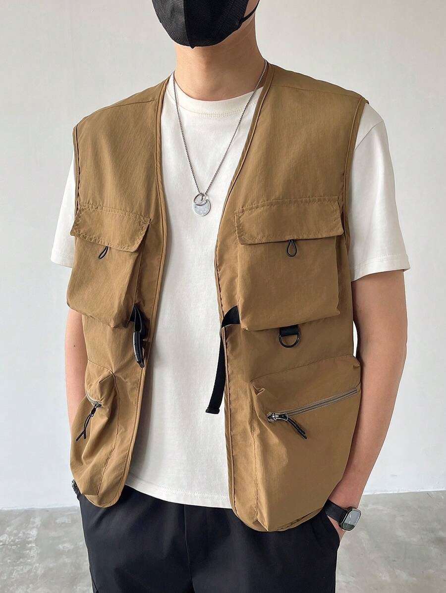 Claim Dot Men's Solid Color Multi-Pocket Casual Vest For Spring/Autumn, Zip Up Vest Jacket Summer - Khaki - View 1