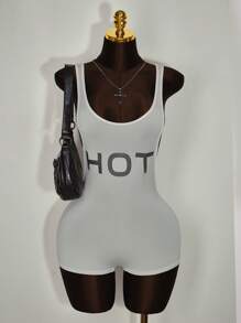 Amplova 狂欢节服装 女士夏季服装 女士个性化字母印花紧身透明连体衣 - 白色 - 查看 5