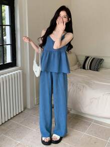 DAZY 2pcs/Set Women Summer Casual Solid Color Camisole And Long Pants,Ruffle