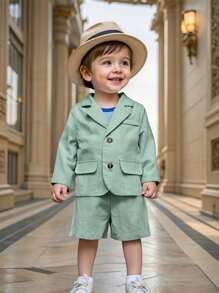 SHEIN 2pcs/Set Infant Boys/Girls Sage Green Summer Casual Long Sleeve Suit Jacket & Shorts Set,Gentleman Outfit,Wedding Guest,Christening,1st Birthday Party - Green - View 10