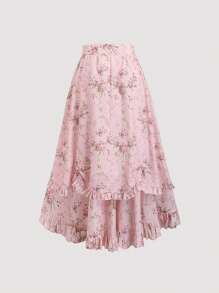 Sweetra 法式宫廷风碎花荷叶边长款A字裙，春夏女装