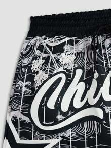 ROMWE MEN Anime Men's Woven Shorts With School Print, Suitable For Spring And Summer