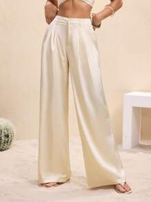 BY FELIZIA Pantalones elegantes de cintura alta, pernera ancha y plisados en satén color albaricoque sólido - Albaricoque - Ver 6