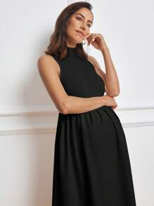 MaterniWear Maternity Solid Coloured Stand Collar Sleeveless Elegant Dress - Black - View 3