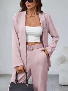 SHEIN Unity 女士休闲纯色西装外套和裤子两件套 - 淺粉色 - 查看 7