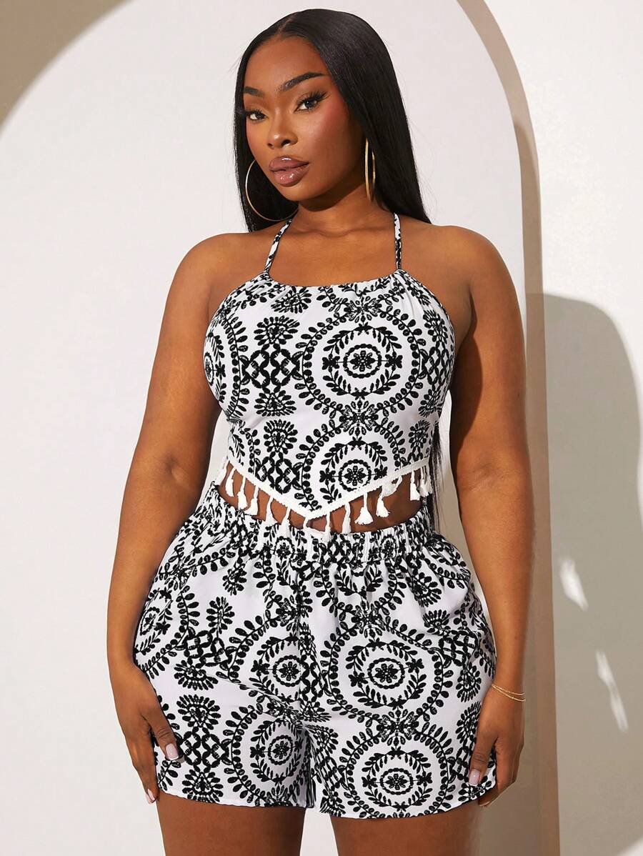 SHEIN SXY Plus Size Casual Allover Print Tassel Hem Halter Top And Shorts 2 Pieces Set - Black and White - View 1