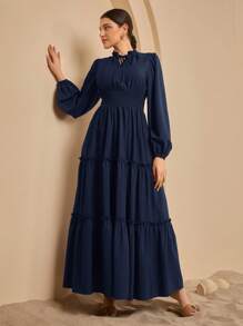 Graceveil Women's Elegant Navy Blue Maxi Dress: Long Sleeve, Shirred Waist, And Tiered Layered Hem - Navy Blue - View 3