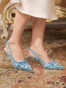 CUCCOO TILAWA Women's Crystal Chunky Heel Rhinestone Mesh Flat Shoes, Suitable For Outing, Party And Other Events For Christmas - Blue - View 4