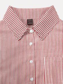 Elamini 条纹短款宽松休闲女式大码卷边袖衬衫，亚麻质地女式衬衫 - 酒紅色 - 查看 7