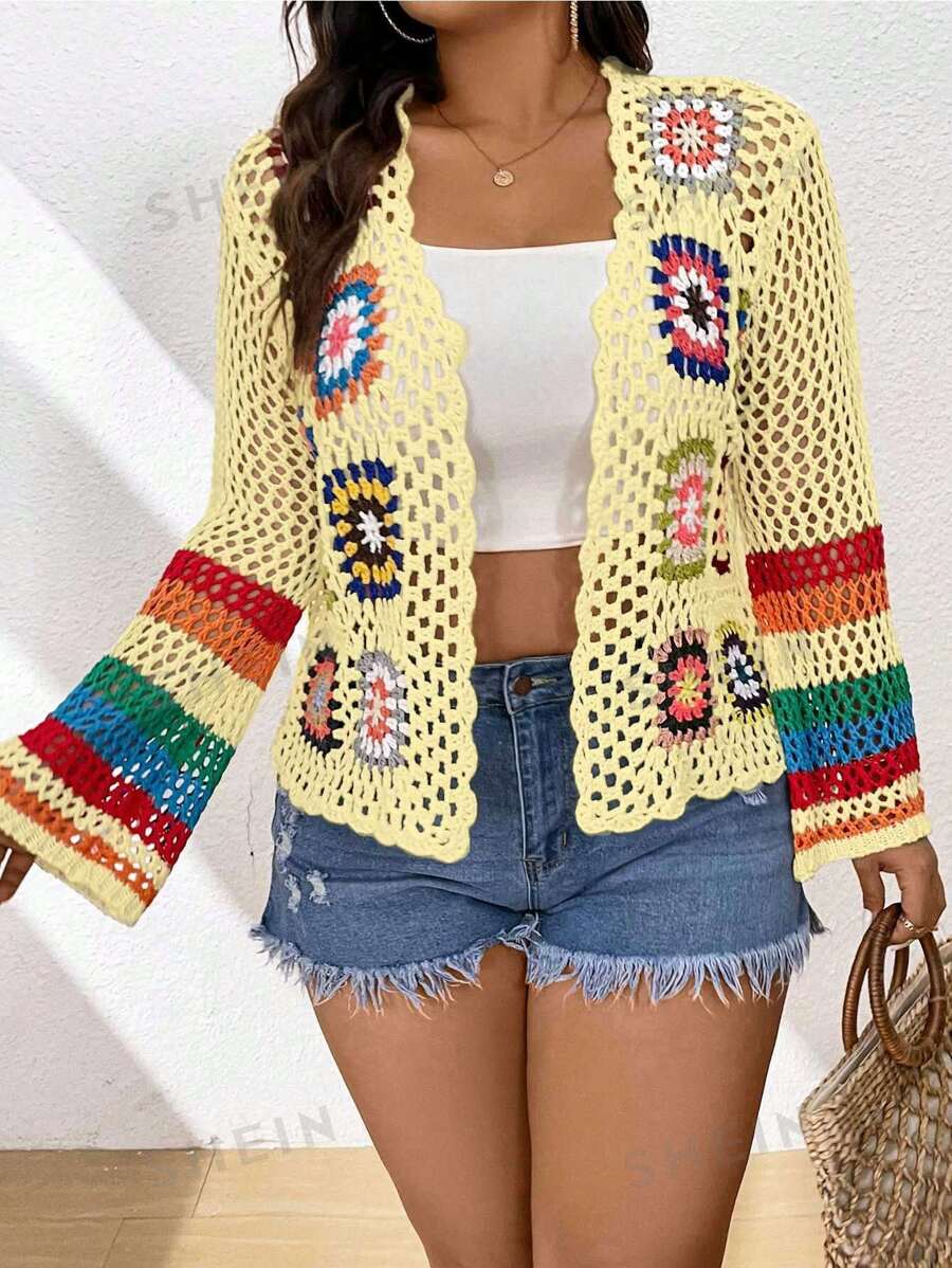 Flirla Cárdigan de punto con crochet y estampado floral para mujer de talla grande