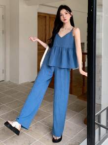 DAZY 2pcs/Set Women Summer Casual Solid Color Camisole And Long Pants,Ruffle