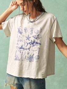 Bohemela Summer Vacation Style Ocean Pattern Knit Round Neck Loose Women T-Shirt - Apricot - View 3