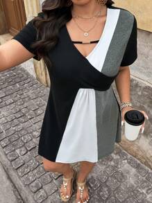SHEIN LUNE Vestido de manga corta con bloques de color talla grande, minimalista y de moda, adecuado para el verano