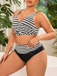 Swim Lushoire Plus Size Women's Black & White Striped Special Fabric Strap V-Neck Two Pieces Swimwear, Fashionable Casual Beachwear For Summer Beach Vacation - Black and White - View 5