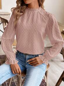 SHEIN Frenchy Swiss Dot Flounce Sleeve Lace Patchwork Fabric Patched Blouse - Pink - View 3