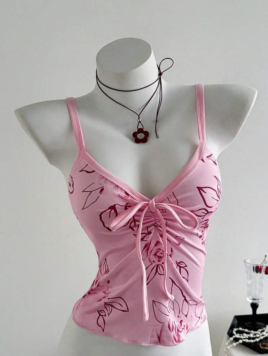 Elamini Áo ba lỗ nữ bó sát phong cách ballet nơ nơ ngọt ngào tinh khiết - Hồng - Xem 1