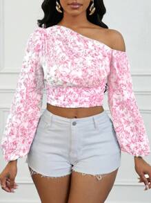 Zolique 女式蓝色小碎花荷叶边泡泡袖短款衬衫 - 粉色 - 查看 3