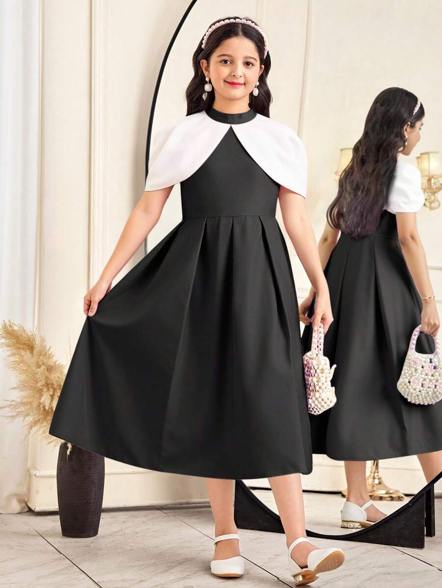 SHEIN Leap Crew 青少年女孩优雅别致拼色拼接背心裙，立领，长款 - 黑與白 - 查看 1
