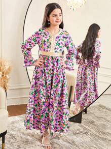 SHEIN Tween Girl Floral Print Gold Ribbon Trim Ruffle Long Sleeve Dress - Purple - View 7