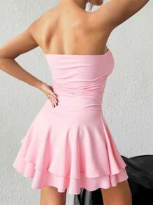 SHEIN Unity Leopard Print Sexy Bandeau Short Dress With Layered Ruffle Skirt - Pink - View 2