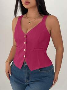 Elenzga Top de tirantes de talla grande para mujer con cintura ceñida y unicolor - Rosa Fucsia - Ver 4