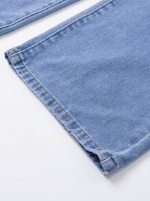 Tween Girl 休闲牛仔裤，时尚蝴蝶刺绣设计，百搭，直腿喇叭裤，不含上衣 - 中等水洗藍 - 查看 4