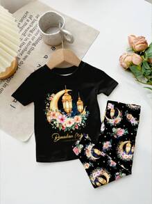 SHEIN Leap Crew Baby Girl Black Summer Casual Birthday Islamic Set,Star,Moon,Floral Print Muslim Family Set Gift,Snug Fit Round Neck Short Sleeve Pants Homewear - Multicolor - View 2