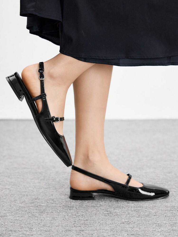 CUCCOO BIZCHIC Women Fashion Shiny Patent Leather Mary Jane Flat Shoes, Square Toe, Suitable For Commute, Date, Party, Holiday, School, Black For Christmas Spring Shoes
