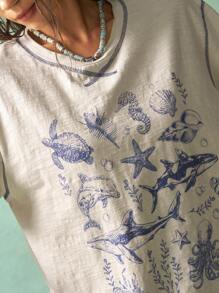 Bohemela Summer Vacation Style Ocean Pattern Knit Round Neck Loose Women T-Shirt - Apricot - View 2
