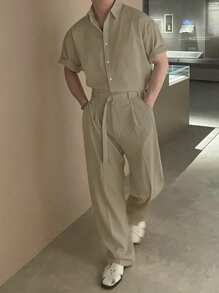 DAZY Set de 2 piezas camisa de manga corta lisa y pantalón recto de traje para hombre
