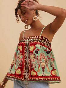 Travachic Vacation Printed Chiffon Cami Top For Women,Casual Style, Fall, Chic Autumn,Going Out,Elegant,Country Style,Tropical Printed Boho Top - Green - View 6