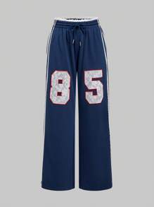 ROMWE Avant Damen Retro Y2K Sporty Ballett Spitze Patchwork Stickerei Nummer Gerade Bein Seitenschlitz Hose