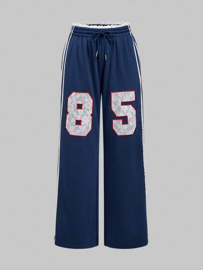 ROMWE Avant Women's Retro Y2K Sporty Ballet Lace Patchwork Embroidered Numeral Straight Leg Side Split Pants