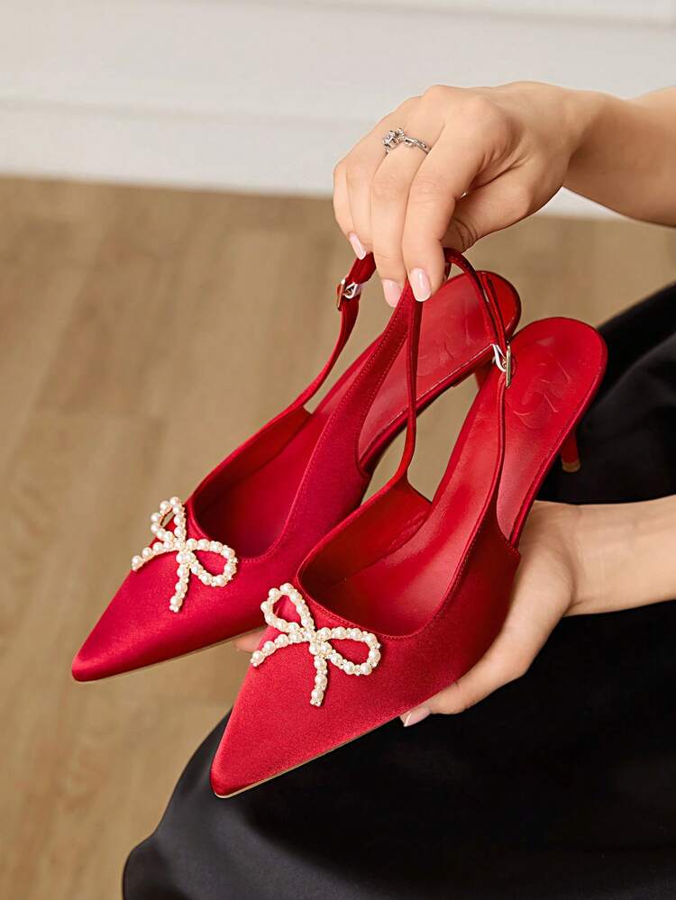 CUCCOO HITCHD Sandalias de tacón alto de satén rojo con puntera de lazo de perlas elegantes y románticas para mujer, zapatos de novia para boda y fiesta