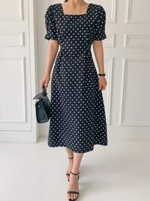 DAZY 女士迷你方领波点泡泡袖蝴蝶结腰优雅中长连衣裙挤奶女工连衣裙女士夏季衬衫女士上衣女士夏季套装，休闲女装 - 黑色 - 查看 5