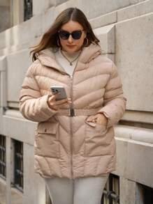 RueChic Plus Size Effen Kleur Winterjas met Riem