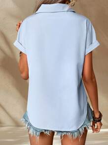 SHEIN LUNE Women's Solid Color Short Sleeve Shirt, Minimalist And Fashionable, Suitable For Summer