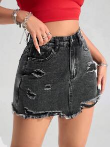 Jeanoix 休闲纯色做旧原始下摆口袋牛仔短裤 - 黑色 - 查看 6