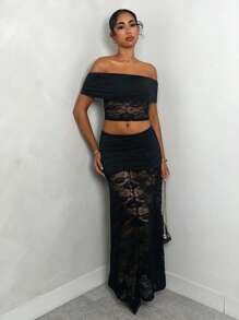 Glamine 蕾丝拼接修身半身裙，日常休闲装 - 黑色 - 查看 7