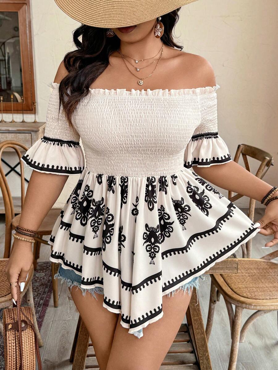 SHEIN Clasi 大码休闲节日印花露肩收腰不对称下摆衬衫 - 杏色 - 查看 1