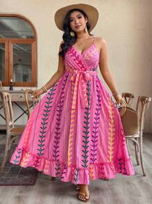 Breezaya Plus Size Print Cinched Waist Sleeveless Maxi Dress, Casual Vacation Summer Style