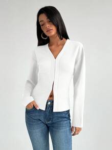 Aloruh Camisa de punto burdeos de manga larga con cuello en V y manga raglán al estilo francés vintage para mujer - Blanco - Ver 4