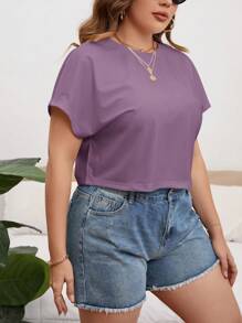 SHEIN Essnce Plus Size Women's Solid Color Round Neck Casual Cropped T-Shirt