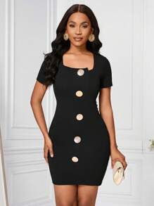 SHEIN Clasi Solid Color Square Collar Metal Button Fitted Elegant Women Dress - Black - View 5