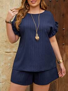 EMERY ROSE Bộ 2 áo thun cổ tròn tay ngắn màu trơn cỡ lớn cho nữ và quần short, tối giản và thời trang, phù hợp cho mùa hè, trang phục du lịch cho nữ, đơn giản và thời trang để mặc hàng ngày, trang phục rave, trang phục hòa nhạc cho nữ, trang phục mùa hè cho nữ, trang phục đi nghỉ cho nữ, bộ đồ hai mảnh đi nghỉ, trang phục rave, trang phục lễ phục sinh cong - Màu xanh hải quân - Xem 1