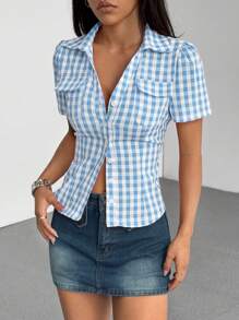 Flirla Red And White Plaid Shirt, Button Front, Chest Pocket, Slim Fit Short Sleeve Blouse For Women, Fashionable Simple Casual Commute Daily Versatile Minimalist Design, Spring/Summer